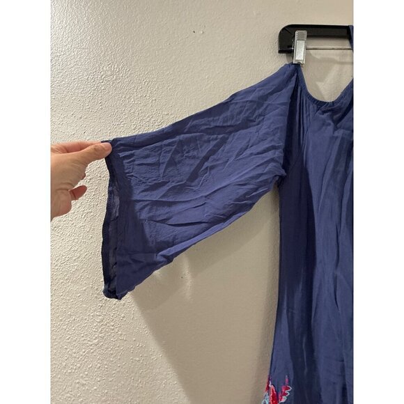 Water Lily Blue Embroidered Rayon 3/4 Sleeve Knee Length Empire Sun Dress Size S - Picture 6 of 9